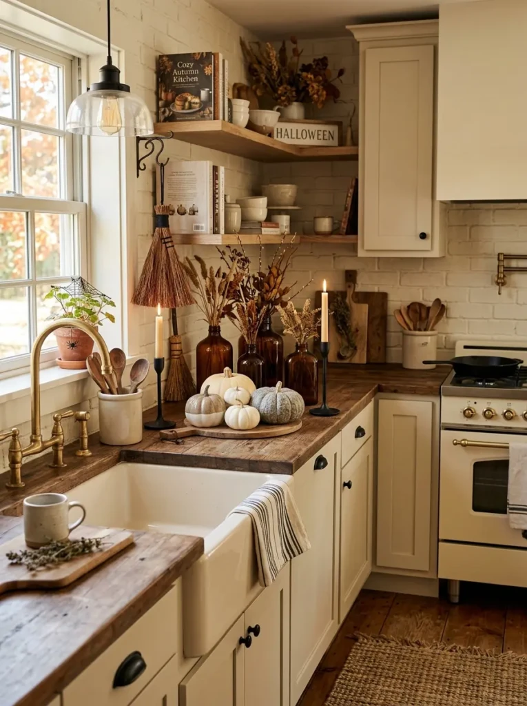 Cozy farmhouse kitchen with neutral pumpkins, black candle holders, amber bottles, and rustic Halloween decor.