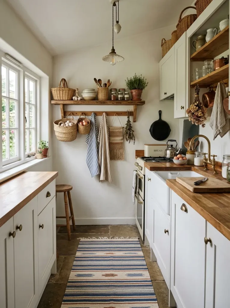 Farmhouse kitchen with woven baskets, striped linen towels, soft textiles, and rustic wooden shelves.