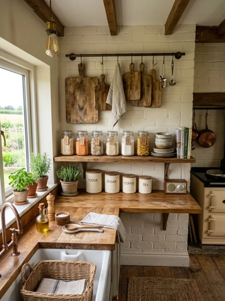 A small farmhouse kitchen with hanging cutting boards, mason jars, and ceramic countertop storage.