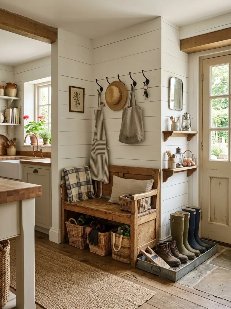 Mud kitchen ideas inspired farmhouse corner with bench seating, baskets, and wall hooks.