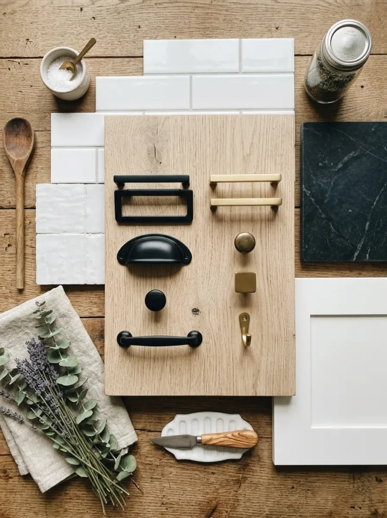 A flat lay of matte black hardware, pale oak wood, white tile, and brass accents for modern farmhouse kitchen inspiration.