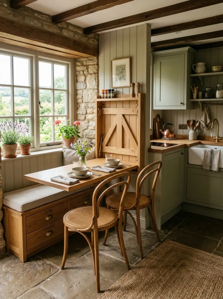 A compact farmhouse kitchen with fold-down wall table, hidden bench storage, and curved wooden chairs.