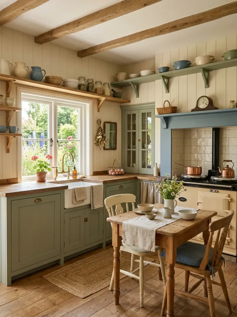 Bright small farmhouse kitchen in cream, sage green, dusty blue, and wood tones.