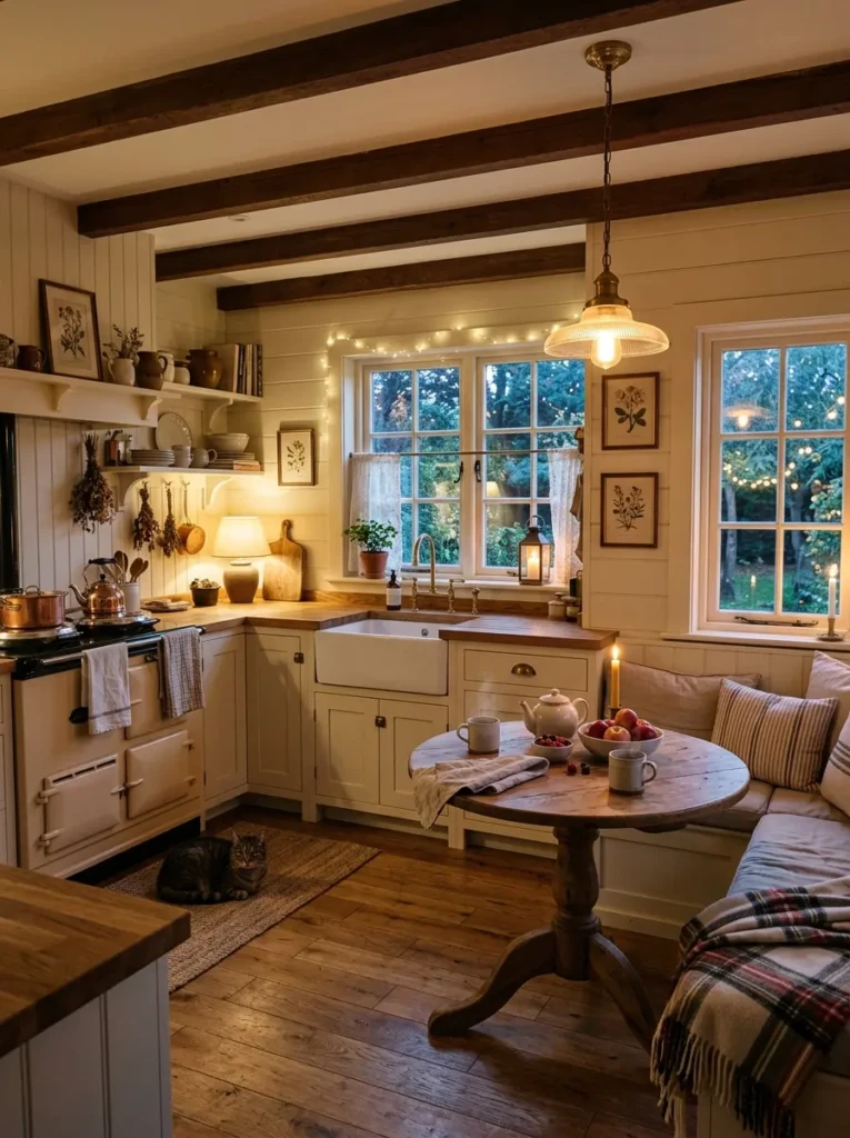 A finished small farmhouse kitchen glowing in soft evening light with warm textures and an inviting breakfast nook.