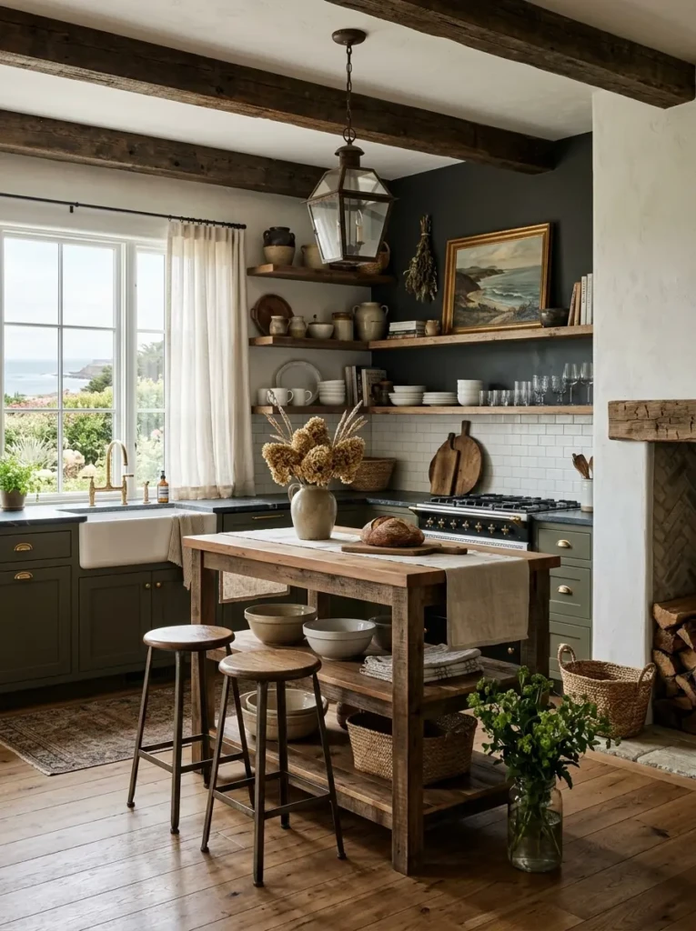 Beautiful farmhouse small kitchen featuring moody tones, coastal accents, open shelves, wood textures, and a slim island.