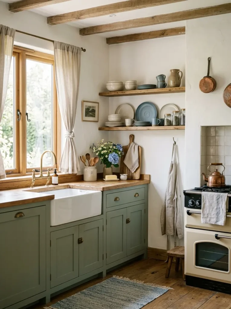 Small farmhouse kitchen in cream, sage green, and dusty blue tones with bright natural light.