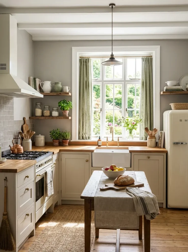 Bright small farmhouse kitchen in white, beige, sage green, and warm gray tones with soft styling.