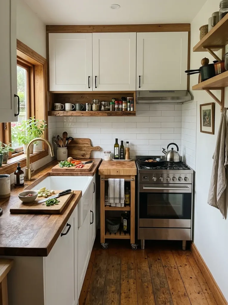 A narrow farmhouse kitchen layout with a clear workflow between sink, stove, and prep cart.