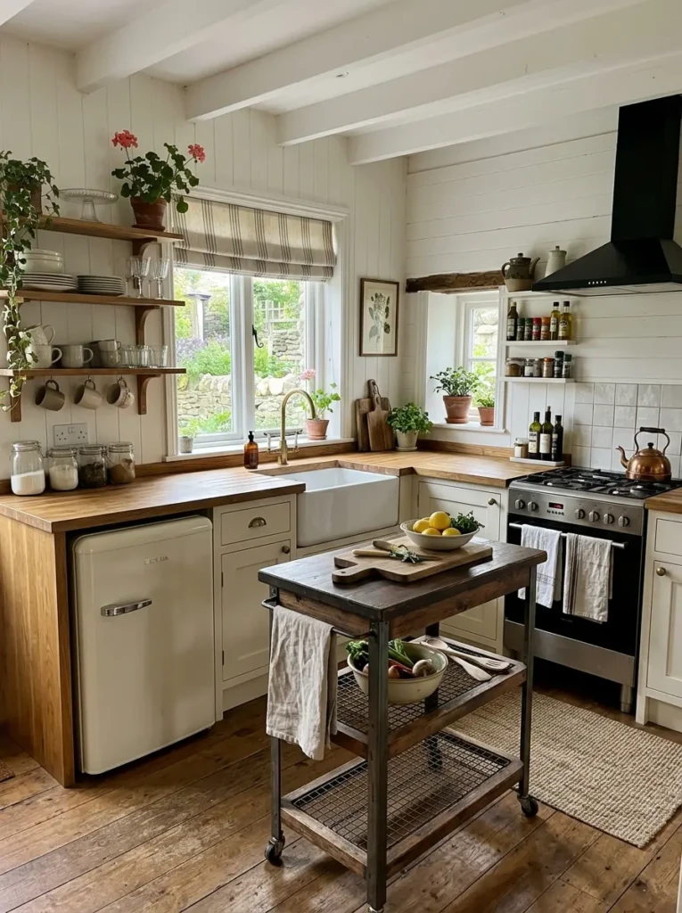 Compact farmhouse kitchen showing efficient stove, sink, and fridge workflow with a narrow prep cart.