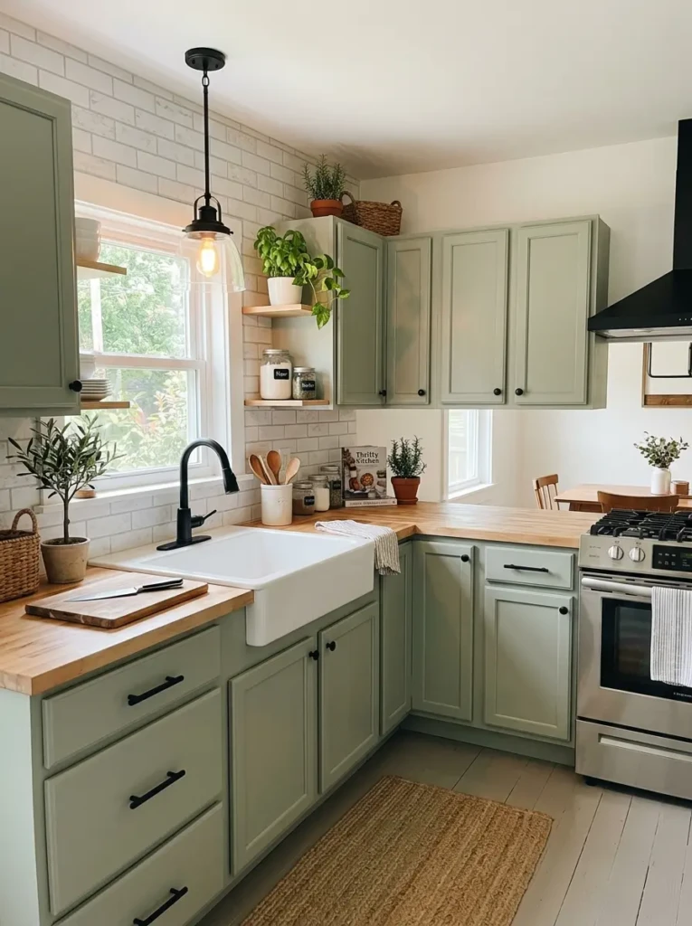 A budget small farmhouse kitchen with painted cabinets, black hardware, and affordable backsplash updates.