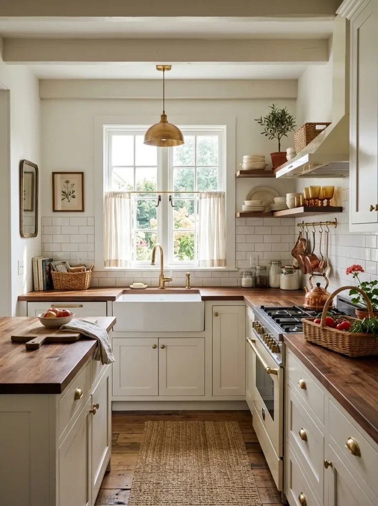 Compact farmhouse kitchen with white cabinets, butcher block counters, brass hardware, and woven baskets in warm natural light.