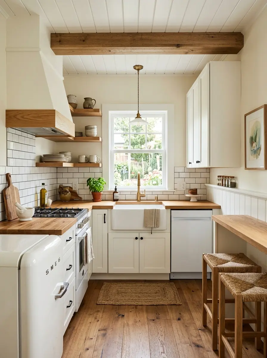 Bright small modern farmhouse kitchen with white cabinetry, wooden details, and a charming compact layout styled in warm neutrals.