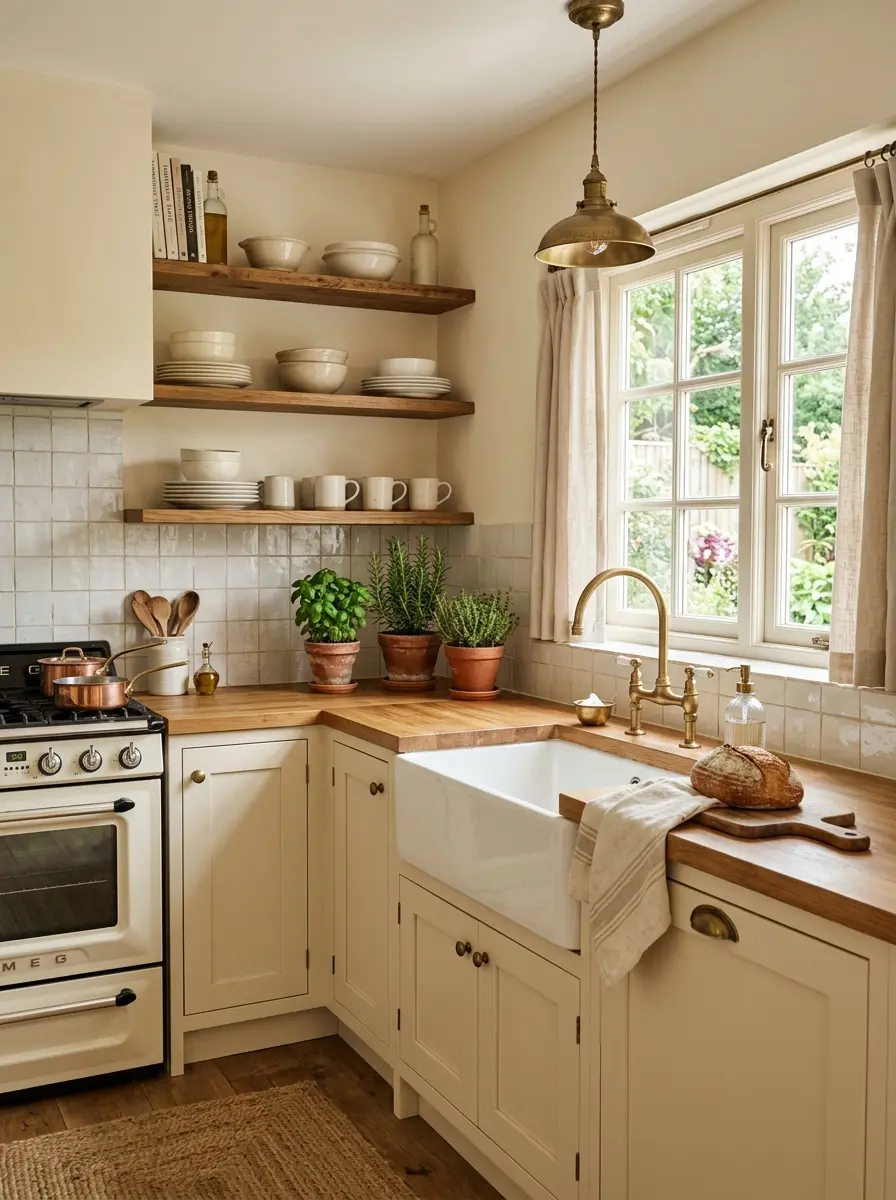 A beautifully styled small farmhouse kitchen with cream tones, wood shelving, brass fixtures, herbs, and textured subway tile.