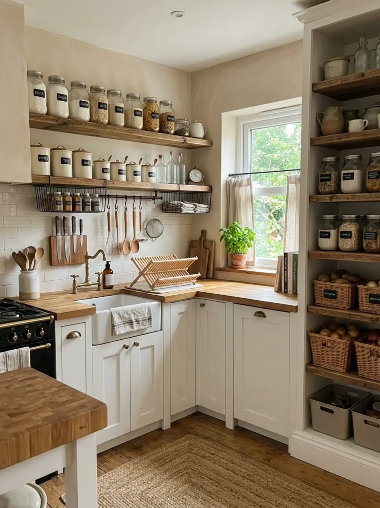 Small farmhouse kitchen organized with mason jars, ceramic containers, hanging rails, and shelf baskets.