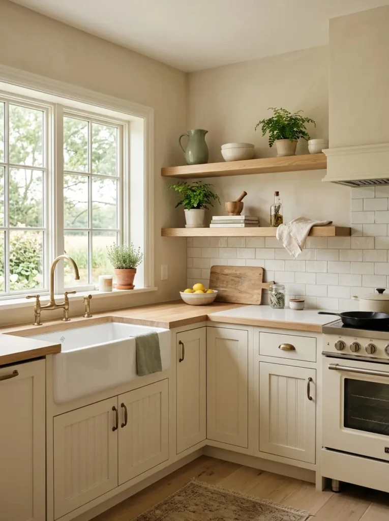 Cream cabinets, sage accents, and oak shelves in a soft neutral kitchen.