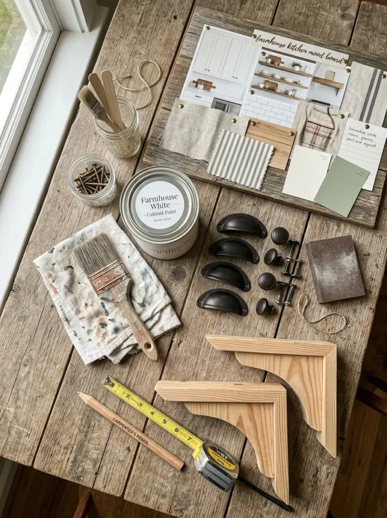 Paint, shelf brackets, cabinet hardware, and tools arranged for a farmhouse kitchen DIY makeover.