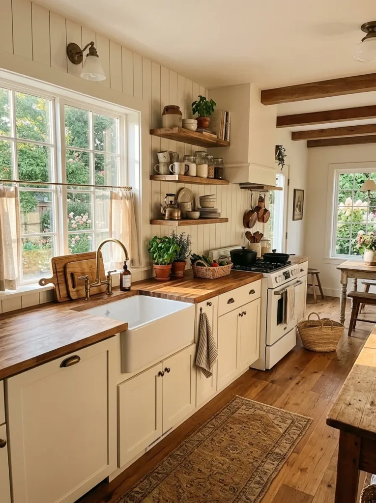 The finished small farmhouse kitchen with open shelves, butcher block counters, shiplap walls, and warm sunlight.