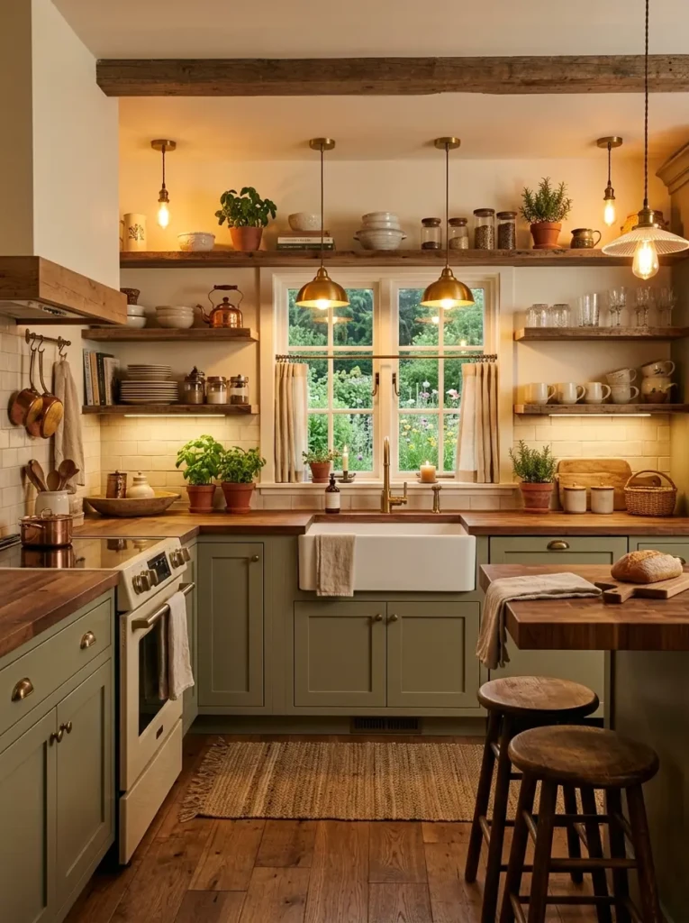 Finished small farmhouse kitchen with glowing lights, wood textures, and open shelves.