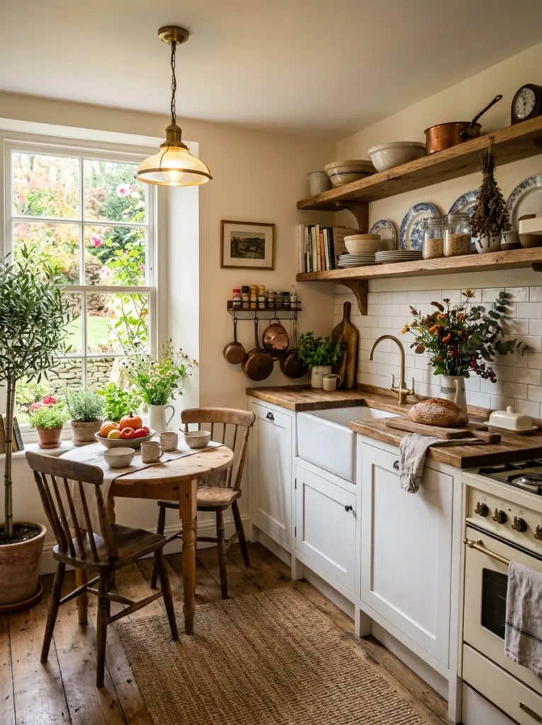 A fully styled small farmhouse kitchen with rustic wood, white cabinets, greenery, and cozy lighting.