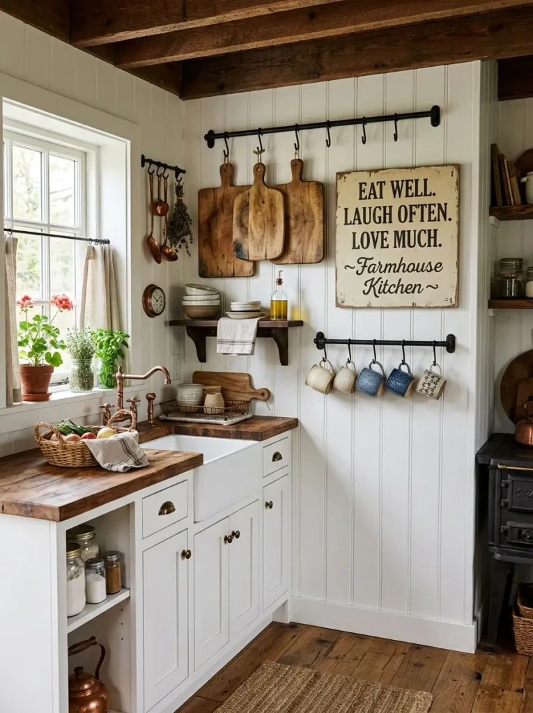 Tiny farmhouse kitchen wall decorated with hanging cutting boards, mugs, and black iron hooks.