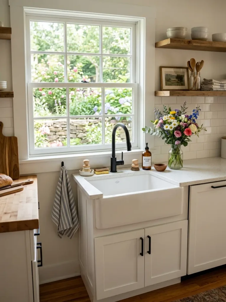 Apron-front sink with black faucet under a bright window in a small modern farmhouse kitchen.