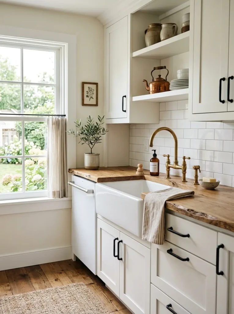 A white farmhouse kitchen with apron-front sink, vintage brass faucet, and black cabinet hardware in a compact layout.