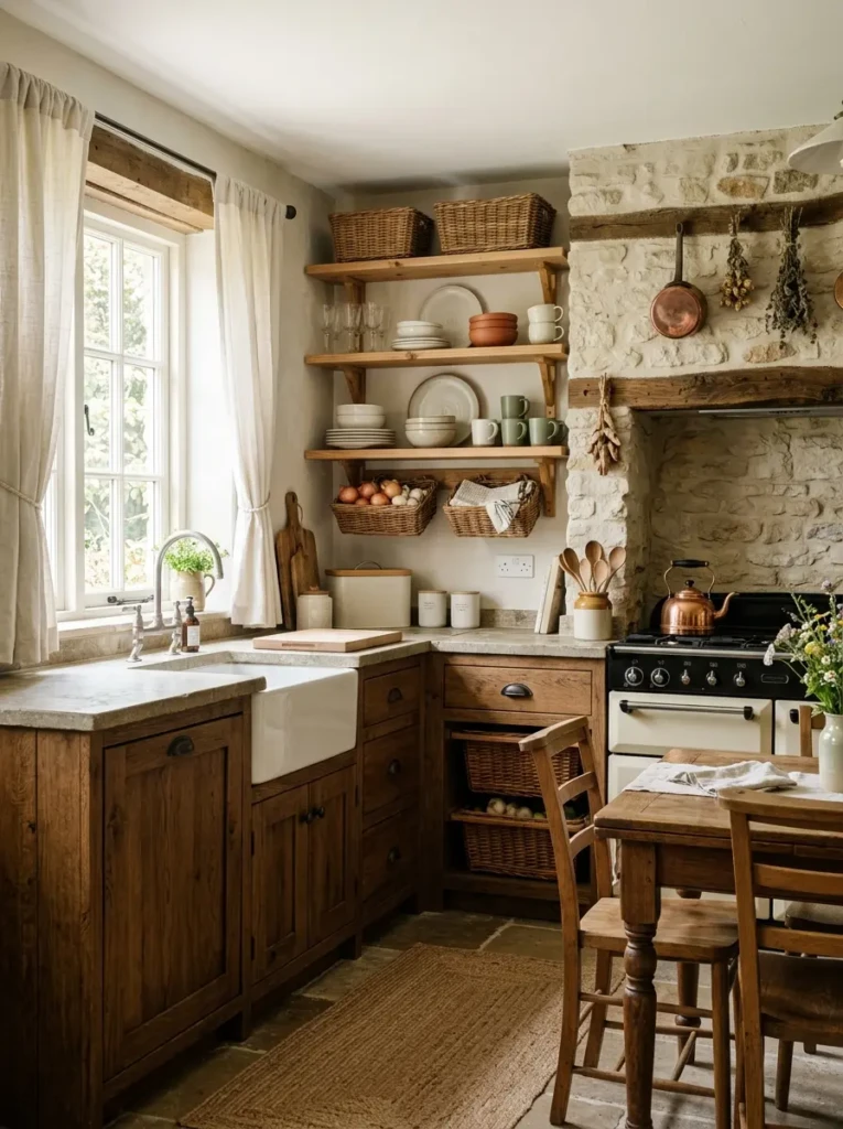 Small farmhouse kitchen using oak wood, linen, rattan baskets, and ceramic accessories.