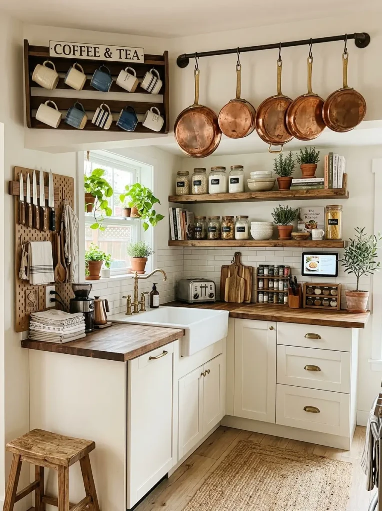 A compact white farmhouse kitchen with hanging pans, wall mug racks, open shelves, and smart vertical storage solutions.