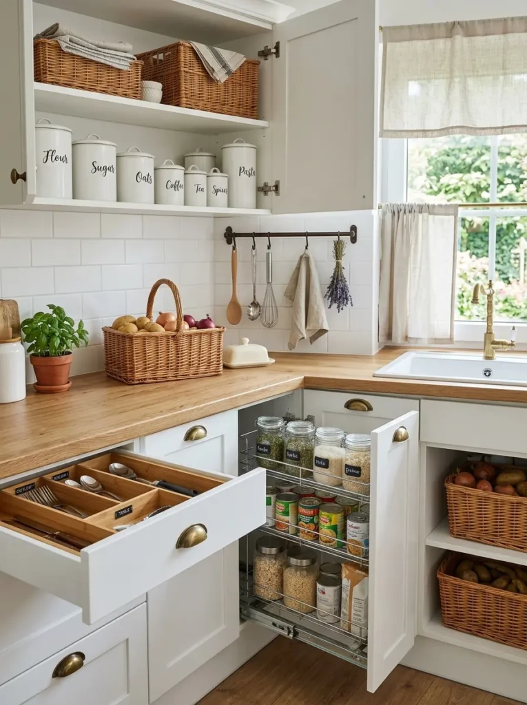 A small farmhouse kitchen organized with wicker baskets, ceramic containers, pull-out drawers, and hanging hooks.