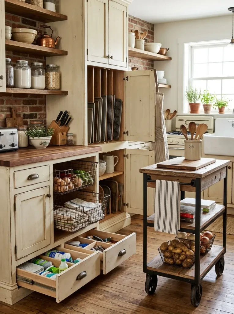 A compact farmhouse kitchen with rolling cart, pull-out baskets, and toe-kick drawer storage.