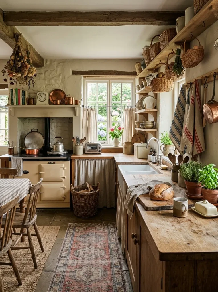 Tea towels, wicker baskets, linen curtains, and a vintage runner adding warmth to a small kitchen.