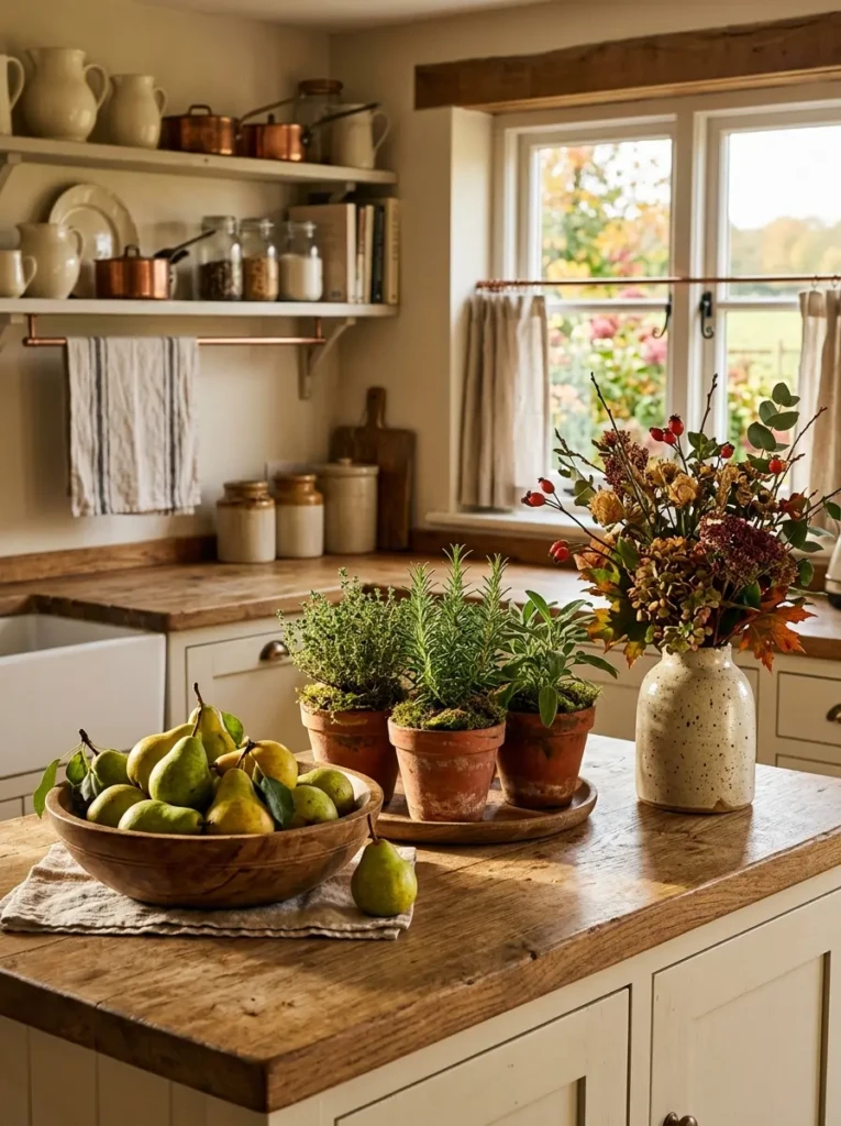 Farmhouse kitchen styled with pears, terracotta herb pots, stoneware vase, and warm sunlight.