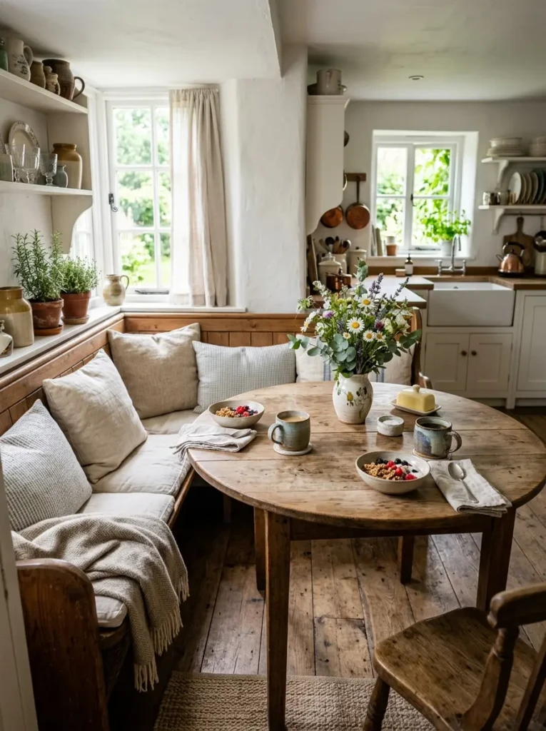 A small farmhouse kitchen with a round wooden dining table, bench seating, and cozy breakfast setup.