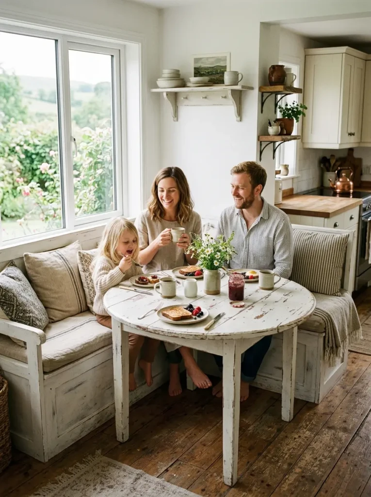 A distressed white farmhouse kitchen table with bench seating placed in a cozy small white kitchen dining nook.