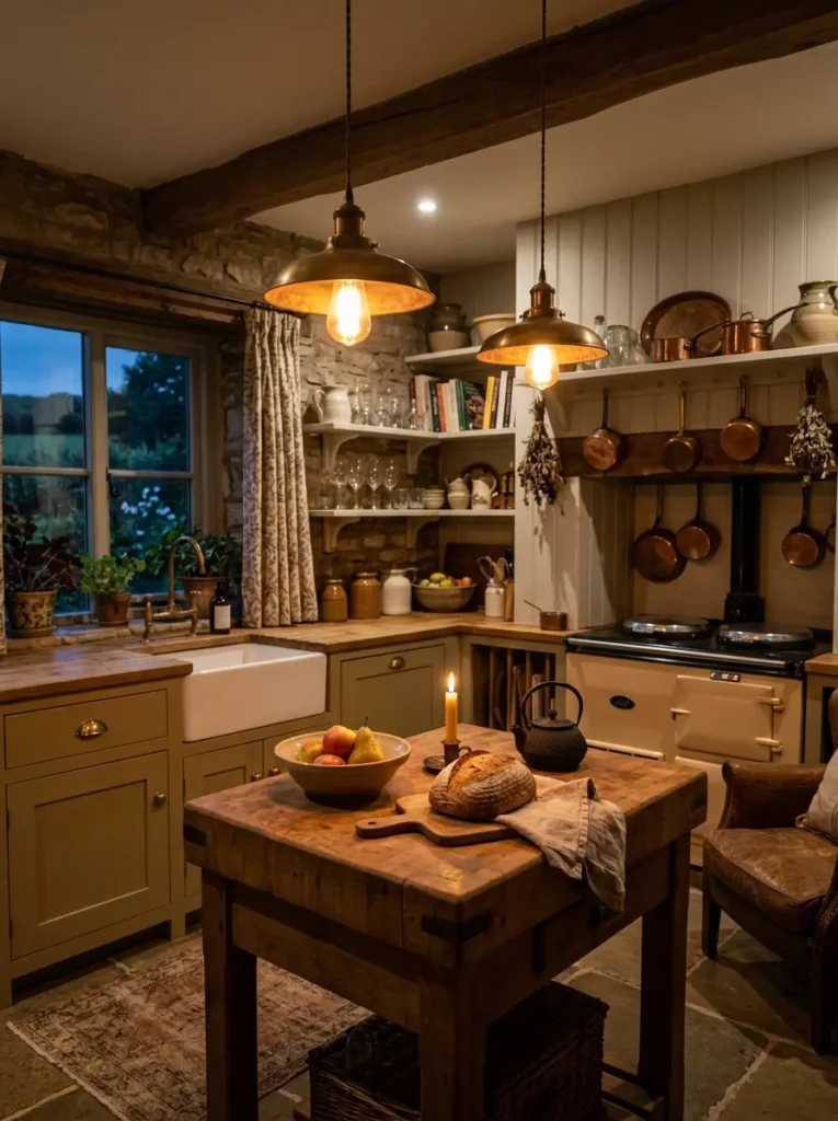 Small farmhouse kitchen illuminated by warm brass pendant lights.