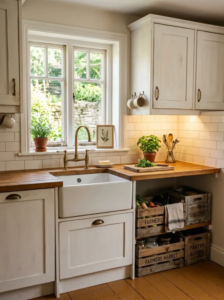 A small rustic kitchen with upgraded faucet, framed window, under-cabinet lighting, and wooden crates.