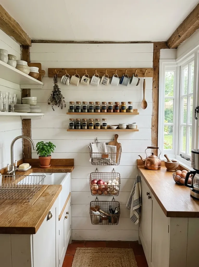 A small farmhouse kitchen using peg rails, spice shelves, mug hooks, and wall baskets for efficient storage.