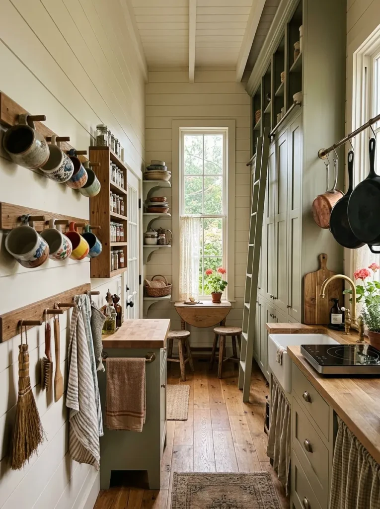Small farmhouse kitchen using wall hooks, hanging mugs, tall cabinets, and slim shelves for vertical storage.
