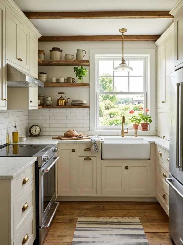 Small farmhouse kitchen combining shaker cabinets, quartz counters, antique brass pulls, and modern appliances.