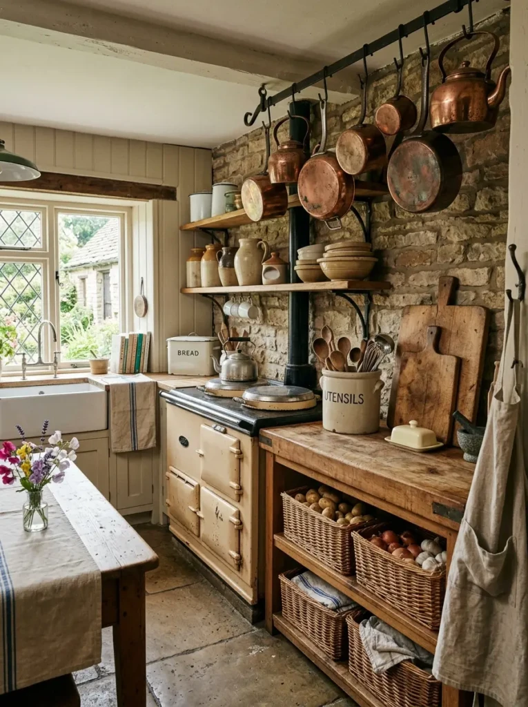 Copper pans, wooden boards, wicker baskets, and ceramic crocks styled in a cozy farmhouse kitchen.