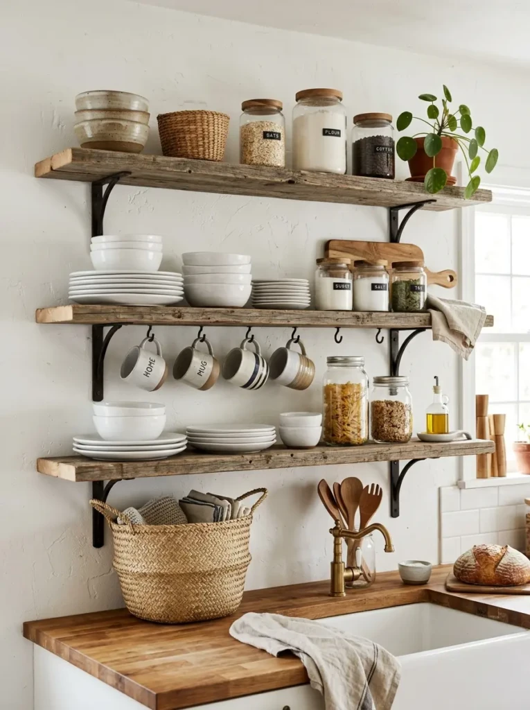 Reclaimed wood open shelves holding dishes, mugs, and jars in a bright small farmhouse kitchen.