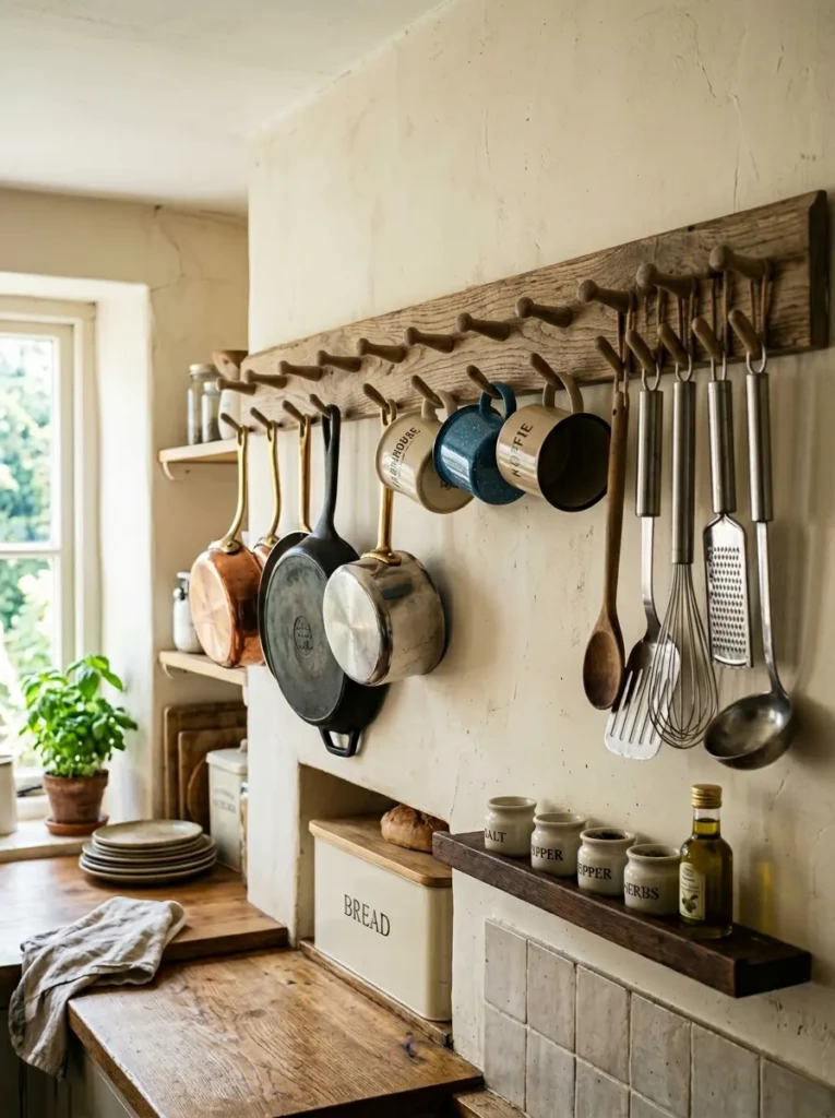 Black iron hooks and rails holding pans, mugs, and utensils on a compact farmhouse kitchen wall.