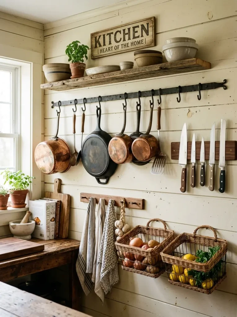 Rustic kitchen wall with peg rails, hanging pans, knife strip, and woven baskets.