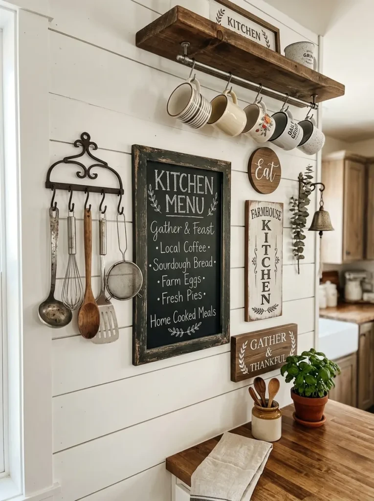 A farmhouse kitchen wall styled with vintage utensils, chalkboard menu, and hanging mugs.