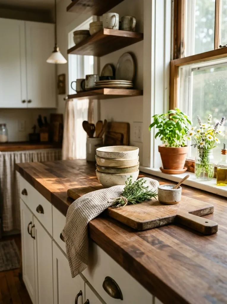 Warm butcher block countertops in a compact farmhouse kitchen with white cabinets and rustic accents.