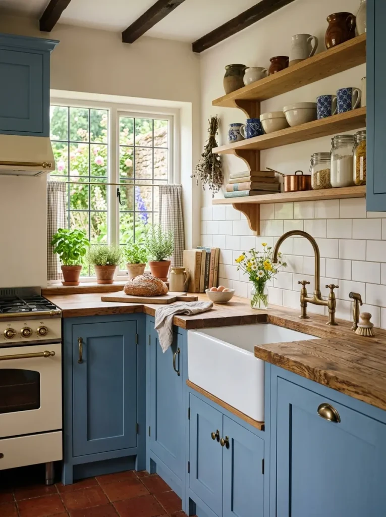 Dusty blue lower cabinets in a small farmhouse kitchen with white backsplash and wood counters.