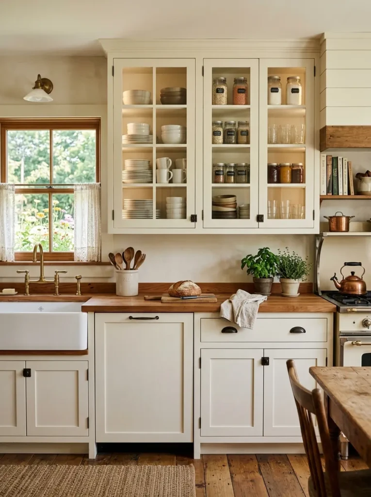 Glass-front cabinets displaying plates and mason jars in an airy farmhouse kitchen.