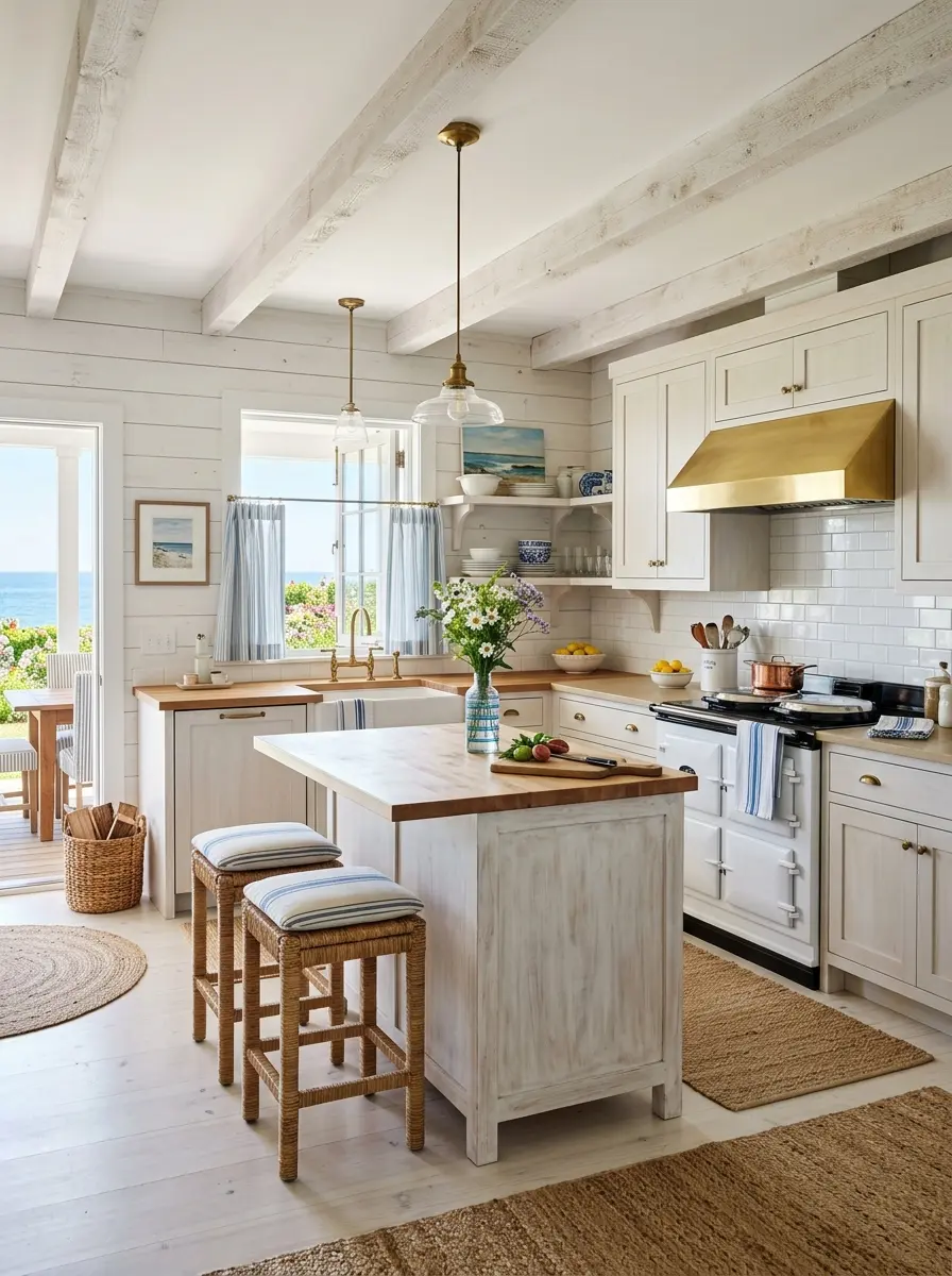 A bright farmhouse kitchen with whitewashed wood, soft blue accents, and breezy coastal decor.