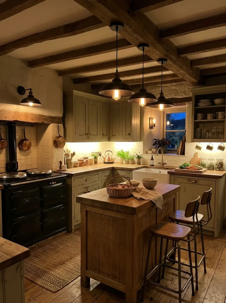 Warm pendant lighting and wall sconces creating a cozy mood in a small farmhouse kitchen.