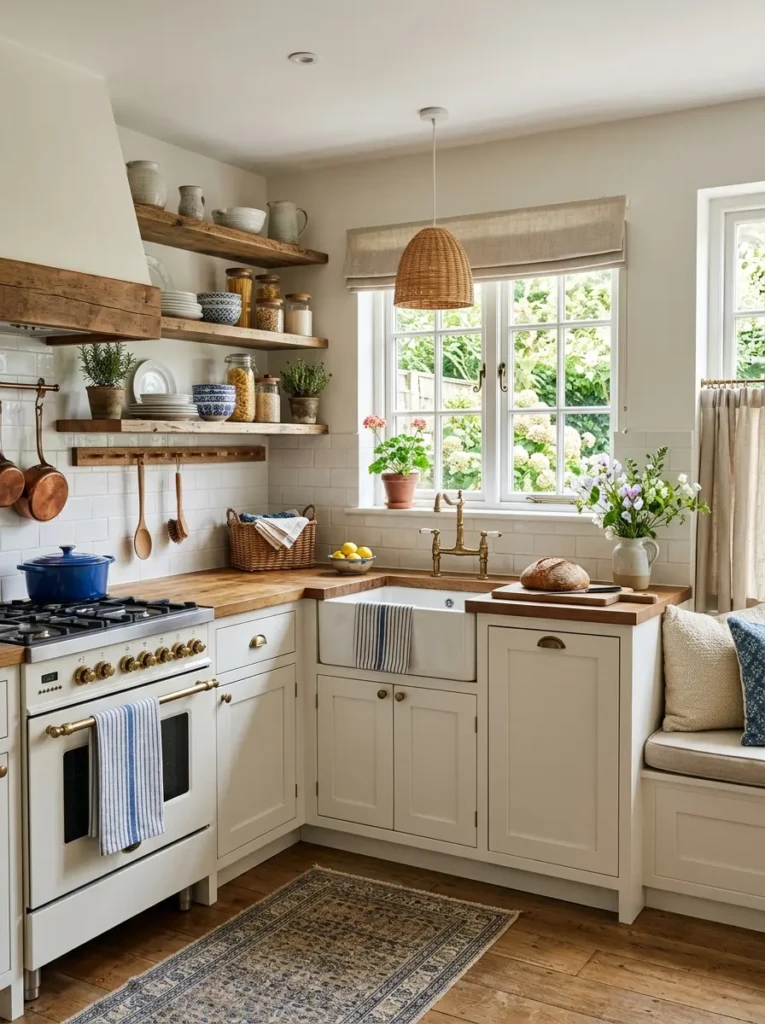 A beautifully styled small farmhouse kitchen with open shelving, wood textures, cozy lighting, and timeless decor.